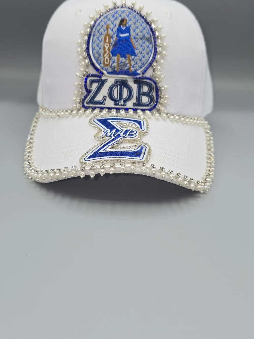 Zeta Phi Beta White & Royal Blue Rhinestone Cap
